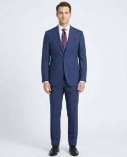 Mens Navy Blue Windowpane Slim Fit 100% VBC Wool Prehemmed Suit
