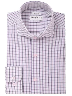 Mens Pink Check Cotton Blend Cutaway Collar Slim Fit Dress Shirt