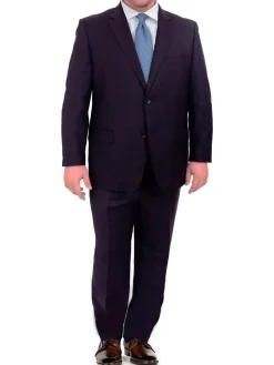 Men's Portly Fit Executive Cut Solid Navy Blue Two Button 2 Piece Wool Suit