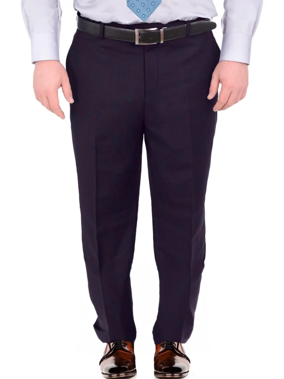 Men's Portly Fit Executive Cut Solid Navy Blue Two Button 2 Piece Wool Suit
