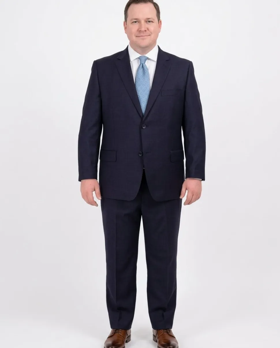Men's Portly Fit Executive Cut Solid Navy Blue Two Button 2 Piece Wool Suit