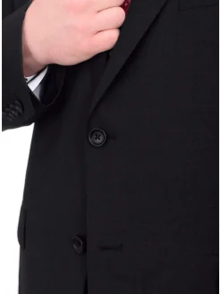 Men's Portly Fit Executive Cut Solid Black Two Button 2 Piece Wool Suit