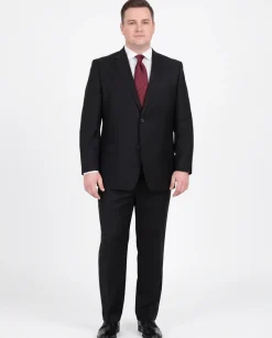 Men's Portly Fit Executive Cut Solid Black Two Button 2 Piece Wool Suit