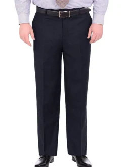 Mens Portly Fit Solid Navy Blue Flat Front Wool Dress Pants