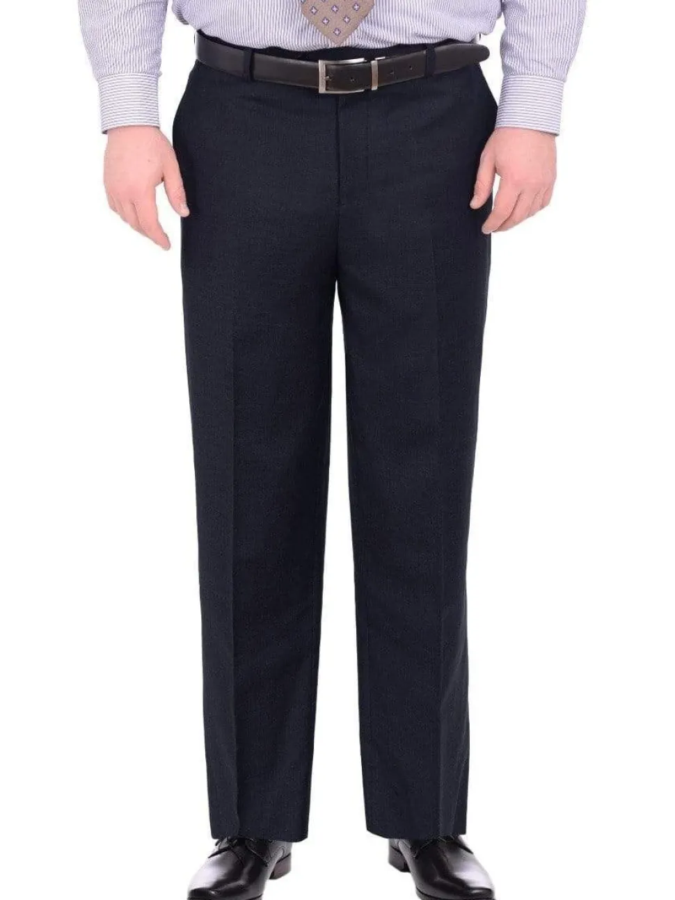 Mens Portly Fit Solid Navy Blue Flat Front Wool Dress Pants