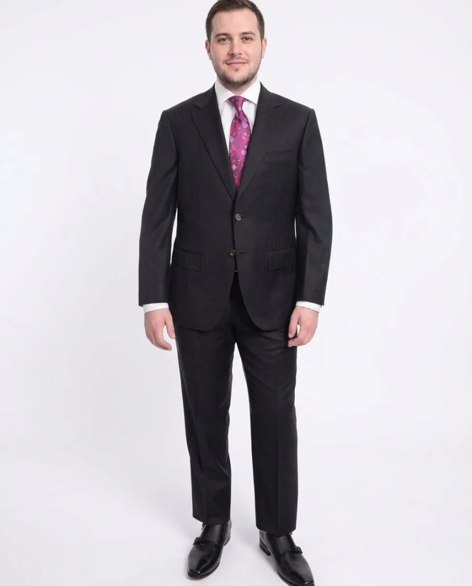 Mens Regular Fit Black Tonal Striped Two Button Half Canvassed Wool Suit