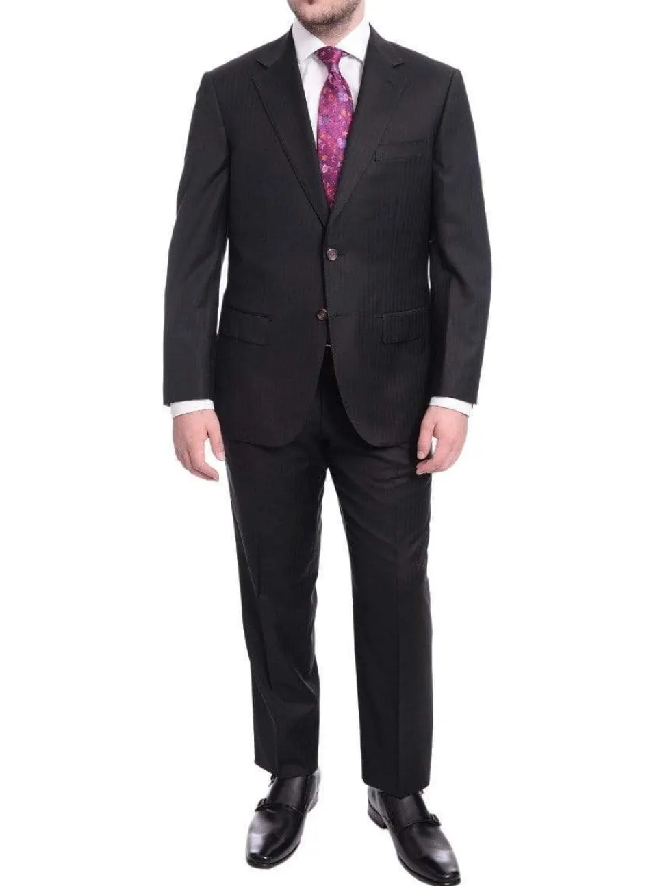 Mens Regular Fit Black Tonal Striped Two Button Half Canvassed Wool Suit