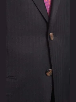 Mens Regular Fit Black Tonal Striped Two Button Half Canvassed Wool Suit