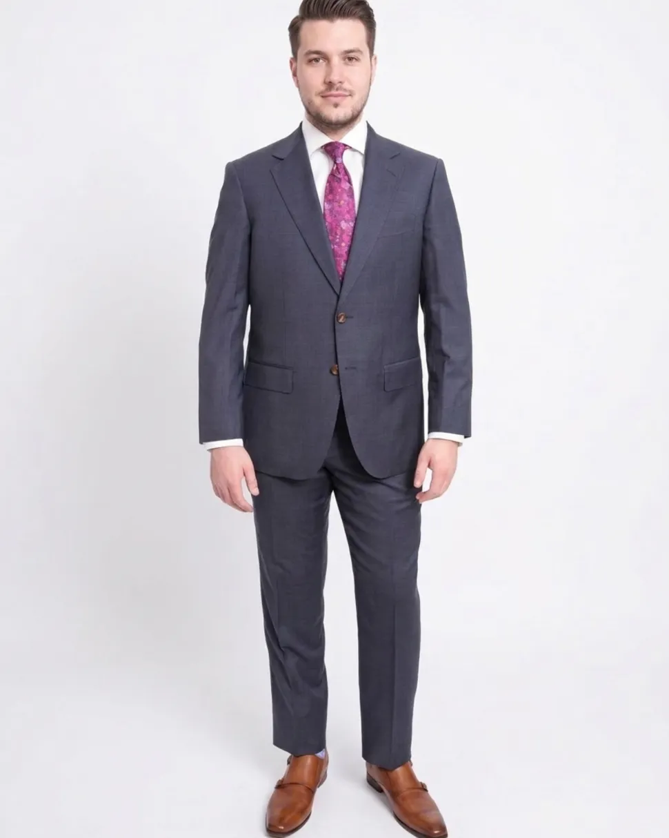 Mens Regular Fit Blue Textured Two Button Half Canvassed Super 150s Wool Suit