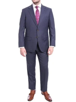 Mens Regular Fit Blue Textured Two Button Half Canvassed Super 150s Wool Suit