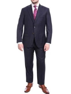 Mens Regular Fit Navy Blue Pinstripe Two Button Half Canvassed Wool Suit
