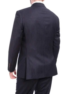 Mens Regular Fit Navy Blue Pinstripe Two Button Half Canvassed Wool Suit