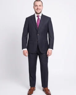 Mens Regular Fit Navy Blue Pinstripe Two Button Half Canvassed Wool Suit