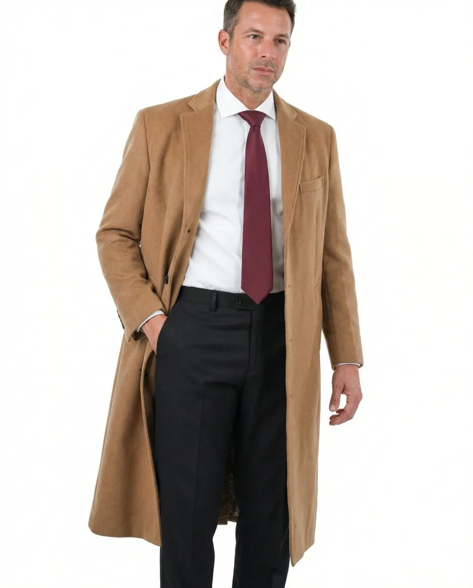 Mens Regular Fit Solid Camel Tan Full Length Wool Cashmere Overcoat Top Coat