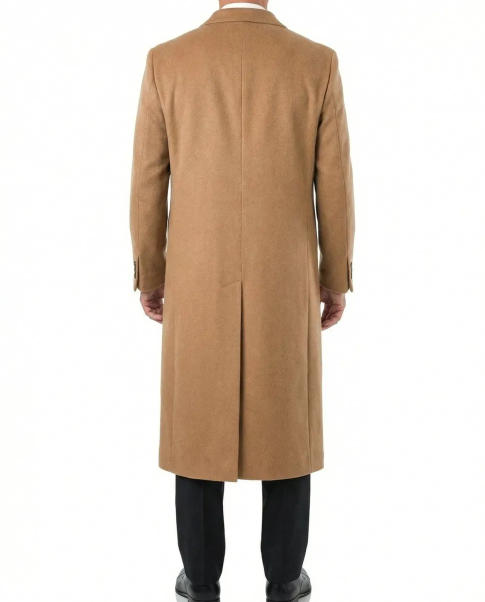 Mens Regular Fit Solid Camel Tan Full Length Wool Cashmere Overcoat Top Coat