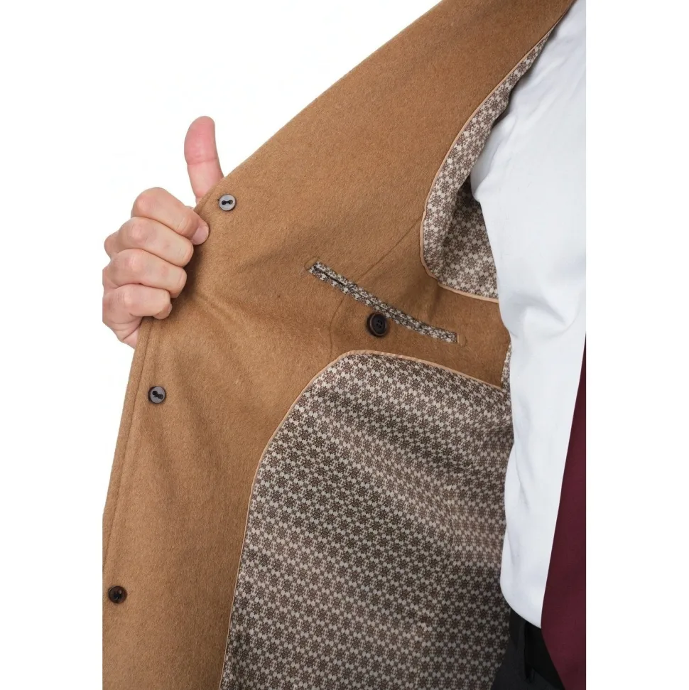 Mens Regular Fit Solid Camel Tan Full Length Wool Cashmere Overcoat Top Coat