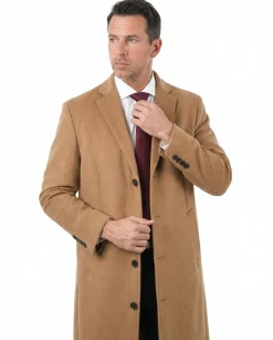 Mens Regular Fit Solid Camel Tan Full Length Wool Cashmere Overcoat Top Coat