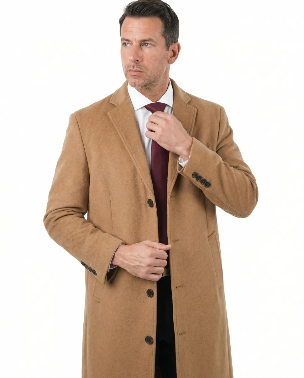 Mens Regular Fit Solid Camel Tan Full Length Wool Cashmere Overcoat Top Coat
