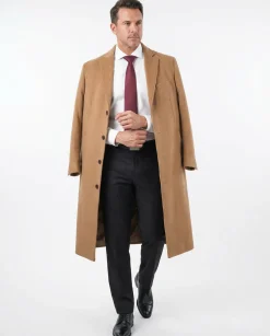Mens Regular Fit Solid Camel Tan Full Length Wool Cashmere Overcoat Top Coat