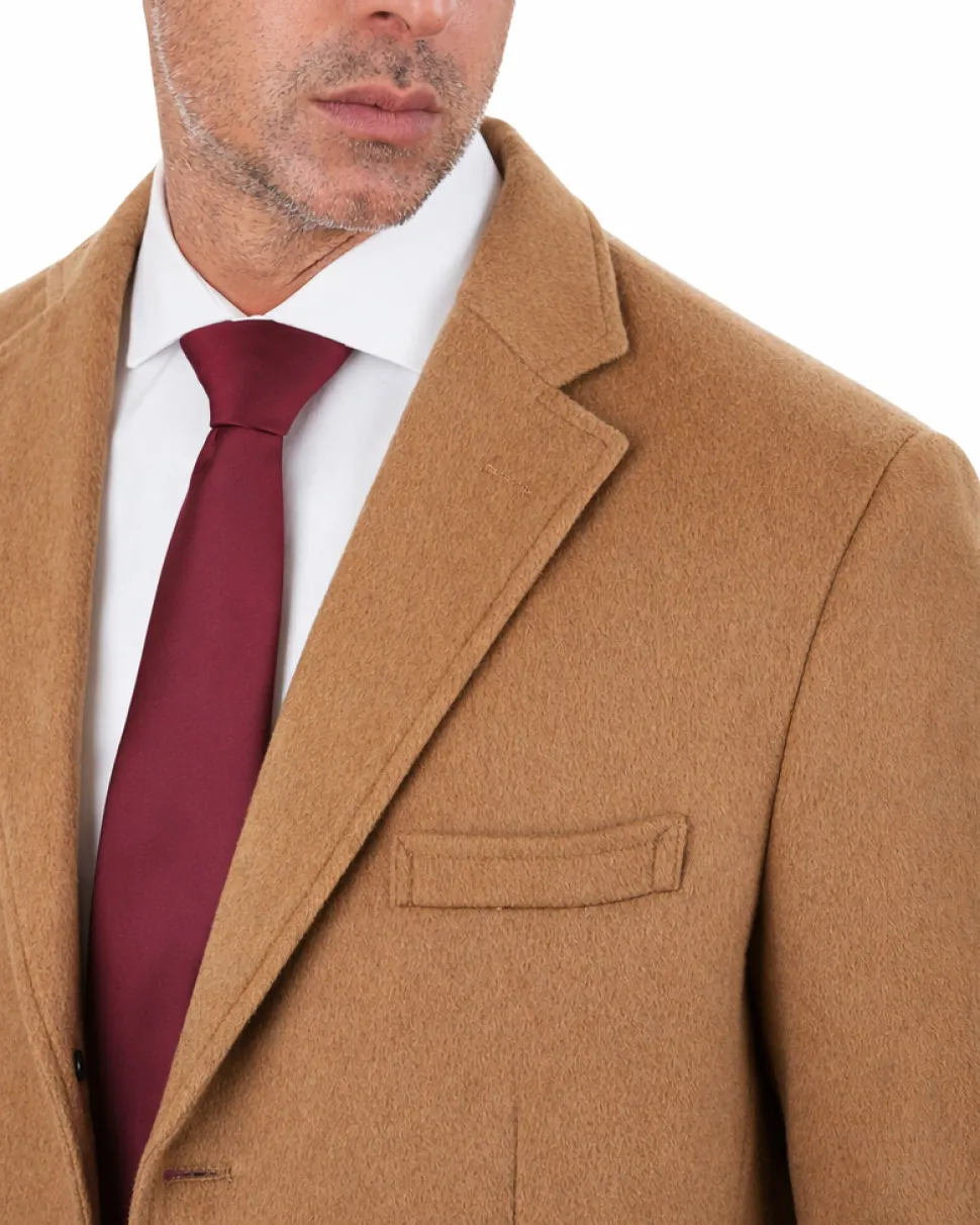 Mens Regular Fit Solid Camel Tan Full Length Wool Cashmere Overcoat Top Coat