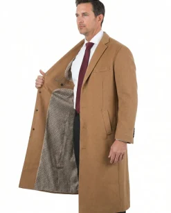 Mens Regular Fit Solid Camel Tan Full Length Wool Cashmere Overcoat Top Coat