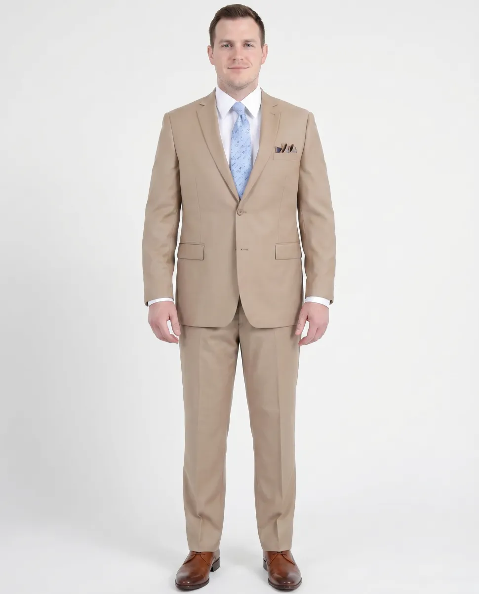 Men's Regular Fit Tan Light Brown Two Button 2 Piece 100% Wool Suit