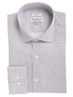 Mens Slim Fit Black & White Check Spread Collar Stretch Cotton Blend Dress Shirt