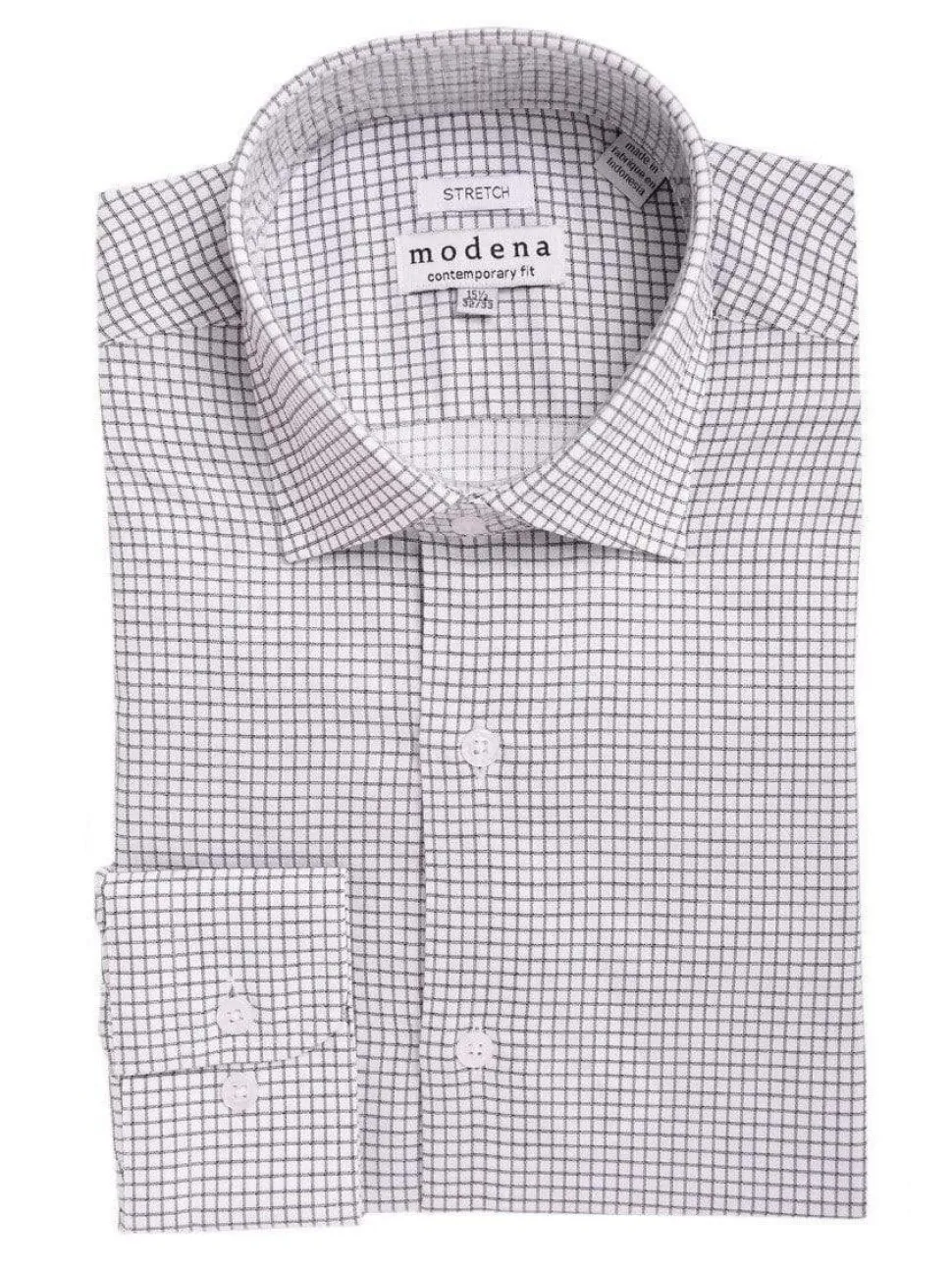 Mens Slim Fit Black & White Check Spread Collar Stretch Cotton Blend Dress Shirt