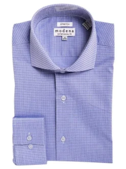 Mens Slim Fit Blue Check Cutaway Collar Cotton Blend Stretch Dress Shirt