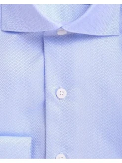 Mens Slim Fit Blue Textured Spread Collar Cotton Dress Shirt