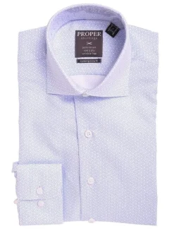 Mens Slim Fit Blue & White Geometric Pattern Spread Collar Cotton Dress Shirt