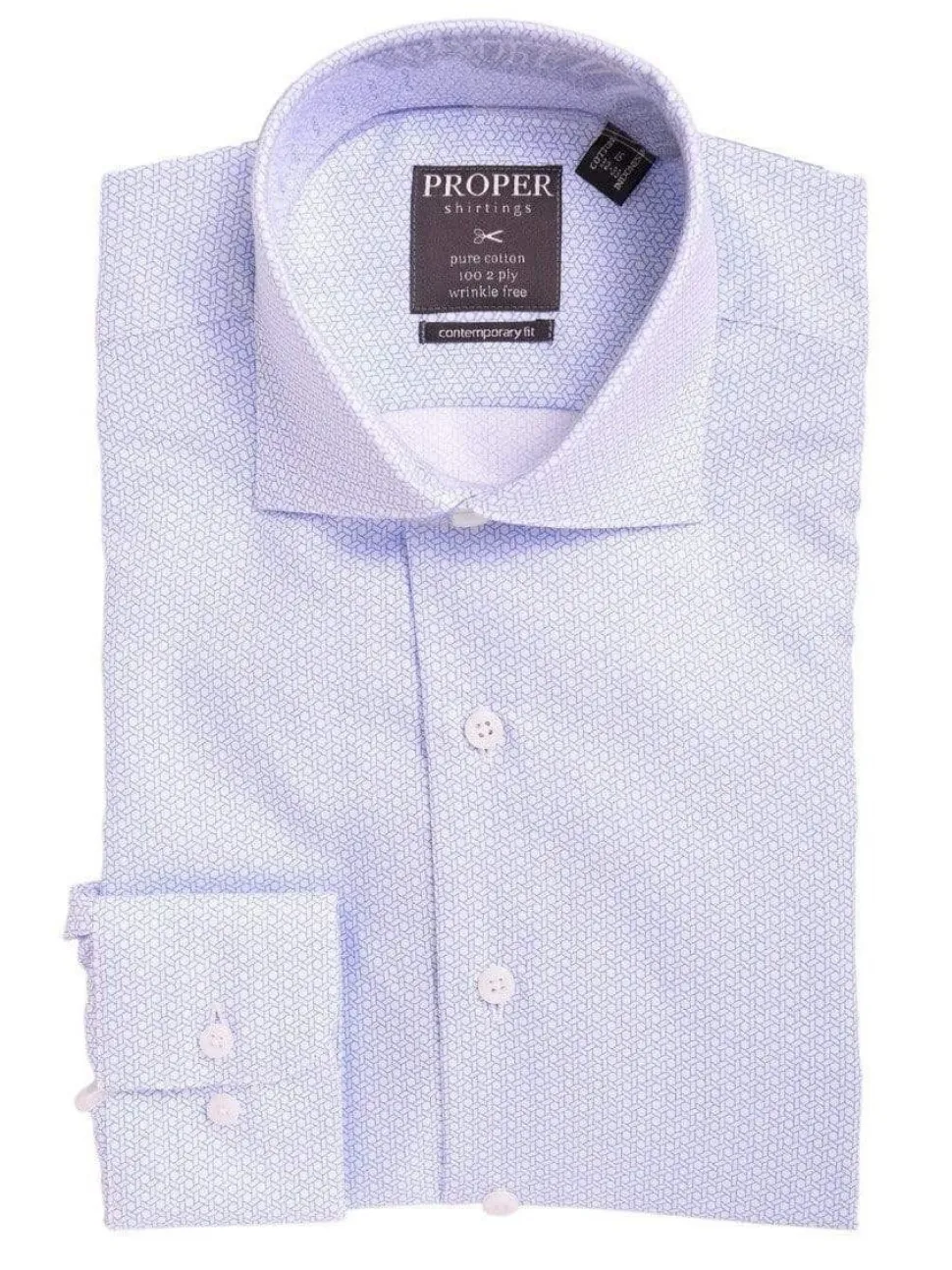 Mens Slim Fit Blue & White Geometric Pattern Spread Collar Cotton Dress Shirt