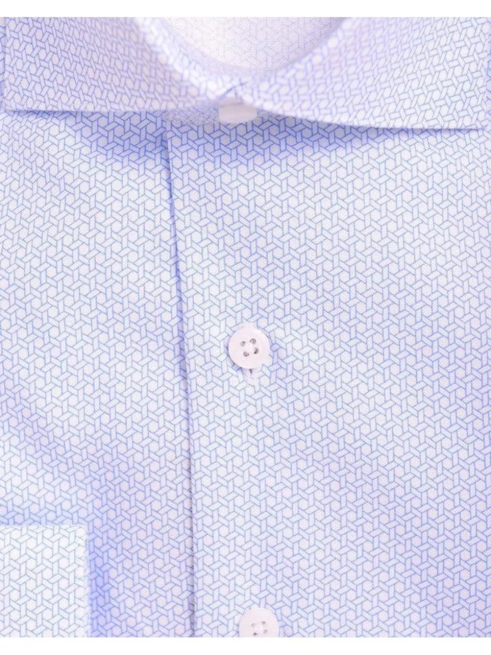 Mens Slim Fit Blue & White Geometric Pattern Spread Collar Cotton Dress Shirt