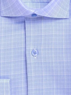 Mens Slim Fit Blue & White Plaid Spread Collar Cotton Blend Dress Shirt