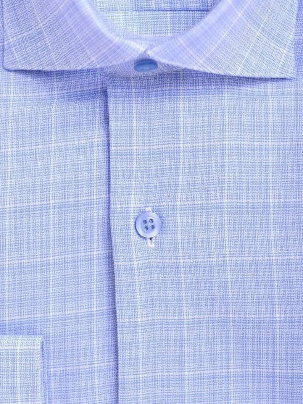Mens Slim Fit Blue & White Plaid Spread Collar Cotton Blend Dress Shirt