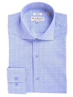 Mens Slim Fit Blue & White Plaid Spread Collar Cotton Blend Dress Shirt