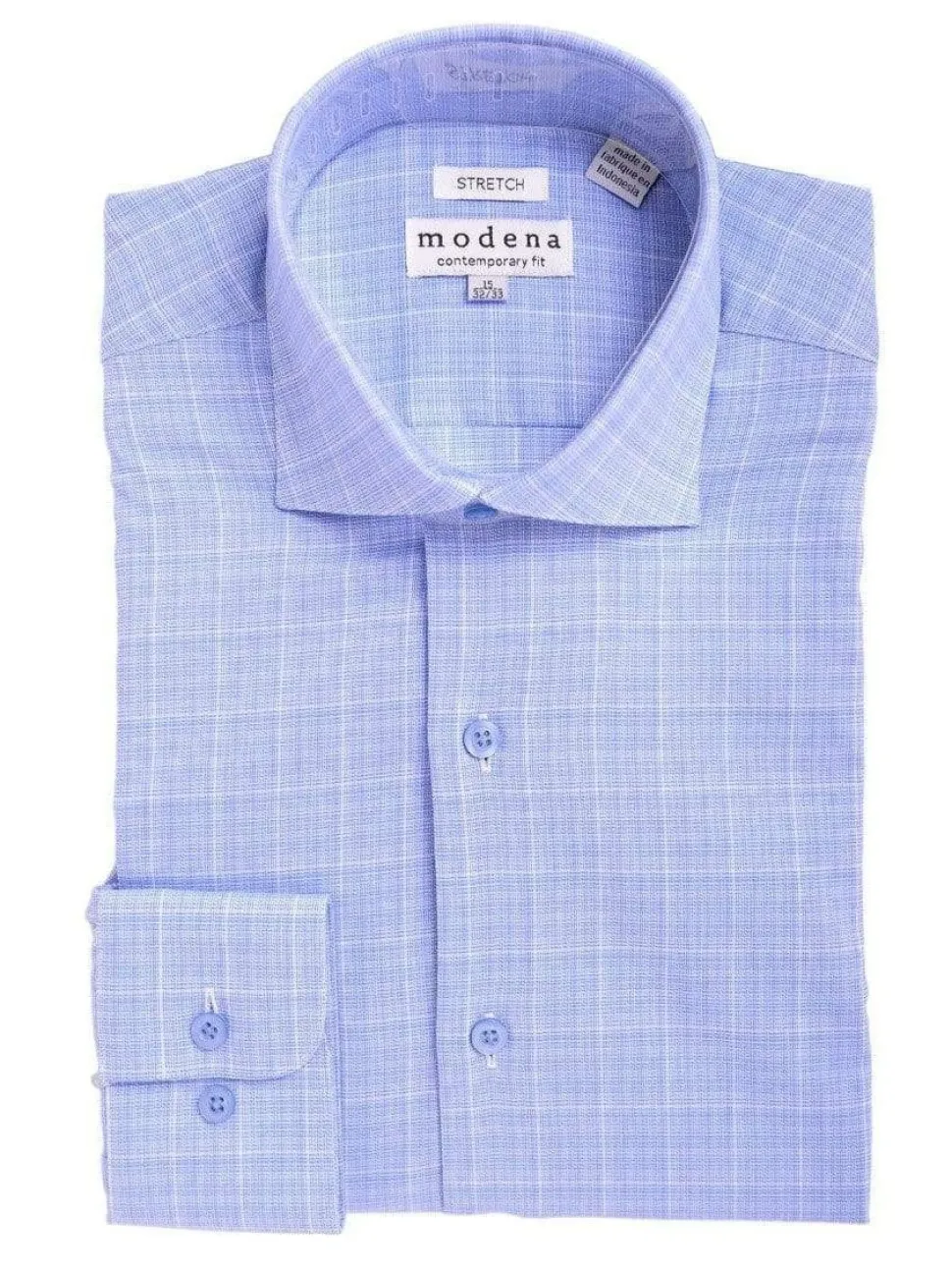 Mens Slim Fit Blue & White Plaid Spread Collar Cotton Blend Dress Shirt