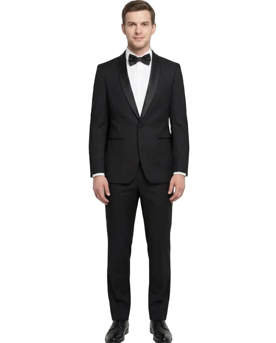 Men's Slim Fit 1 Button Shawl Lapel Tuxedo Jacket & Pants - Black