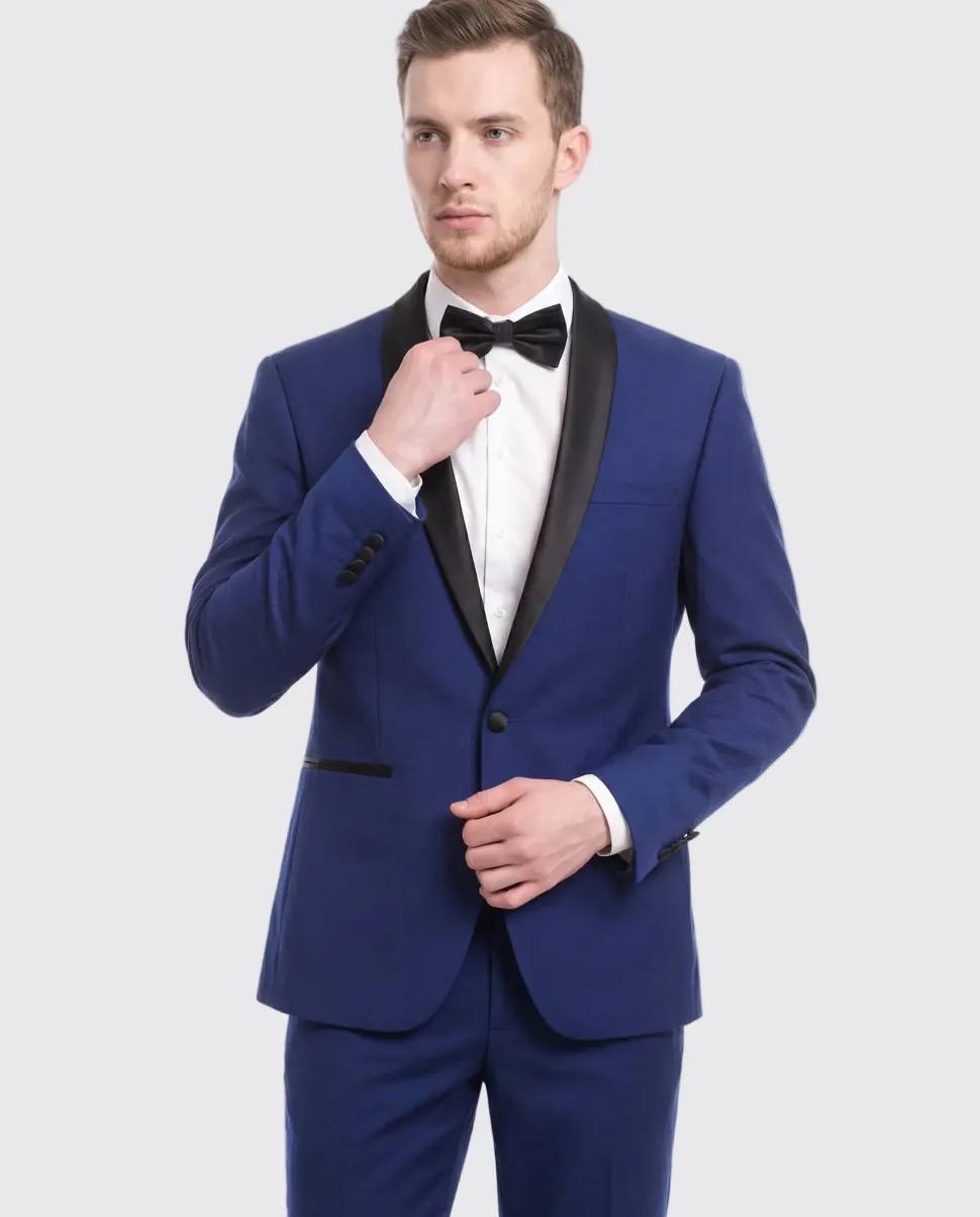 Men's Slim Fit 1 Button Shawl Lapel Tuxedo Jacket & Pants - Indigo Blue