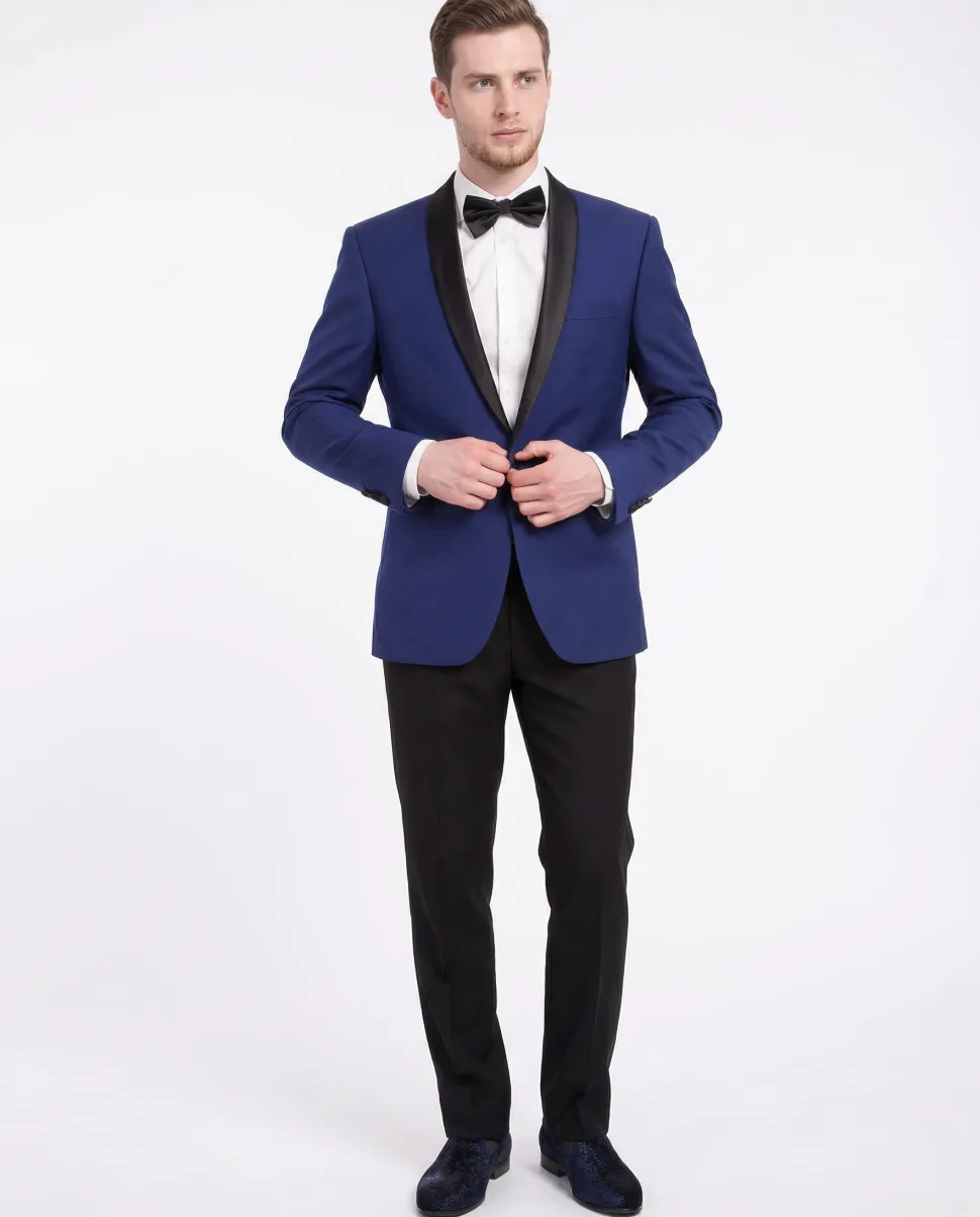 Men's Slim Fit 1 Button Shawl Lapel Tuxedo Jacket & Pants - Indigo Blue