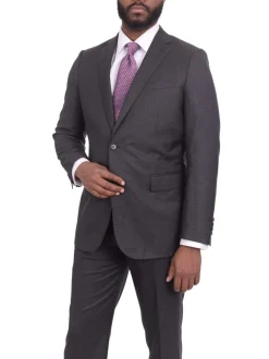 Mens Slim Fit Charcoal Gray Check Two Button Wool Suit