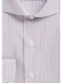 Mens Slim Fit Gray & White Striped Spread Collar Cotton Dress Shirt
