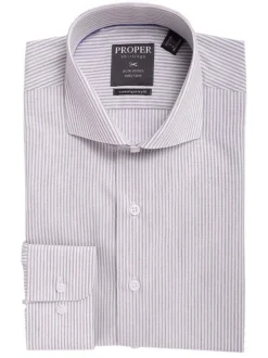 Mens Slim Fit Gray & White Striped Spread Collar Cotton Dress Shirt