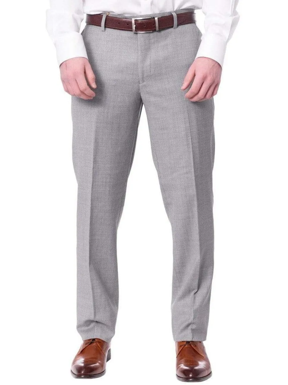 Mens Slim Fit Light Gray Flat Front Wool Dress Pants