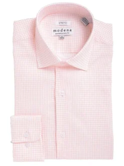 Mens Slim Fit Melon Orange Check Spread Collar Stretch Cotton Blend Dress Shirt