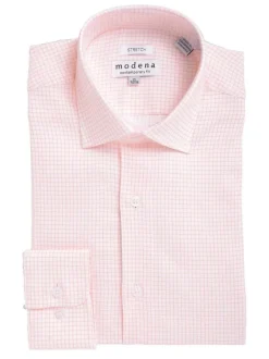 Mens Slim Fit Melon Orange Check Spread Collar Stretch Cotton Blend Dress Shirt