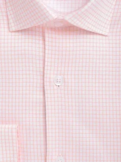 Mens Slim Fit Melon Orange Check Spread Collar Stretch Cotton Blend Dress Shirt