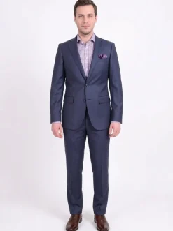 Mens Slim Fit Navy Blue Textured Two Button Wool Suit