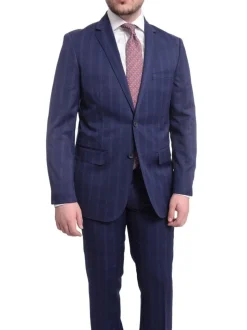 Mens Slim Fit Navy Blue With Blue & Maroon Windowpane Two Button Wool Suit