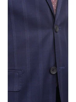 Mens Slim Fit Navy Blue With Blue & Maroon Windowpane Two Button Wool Suit